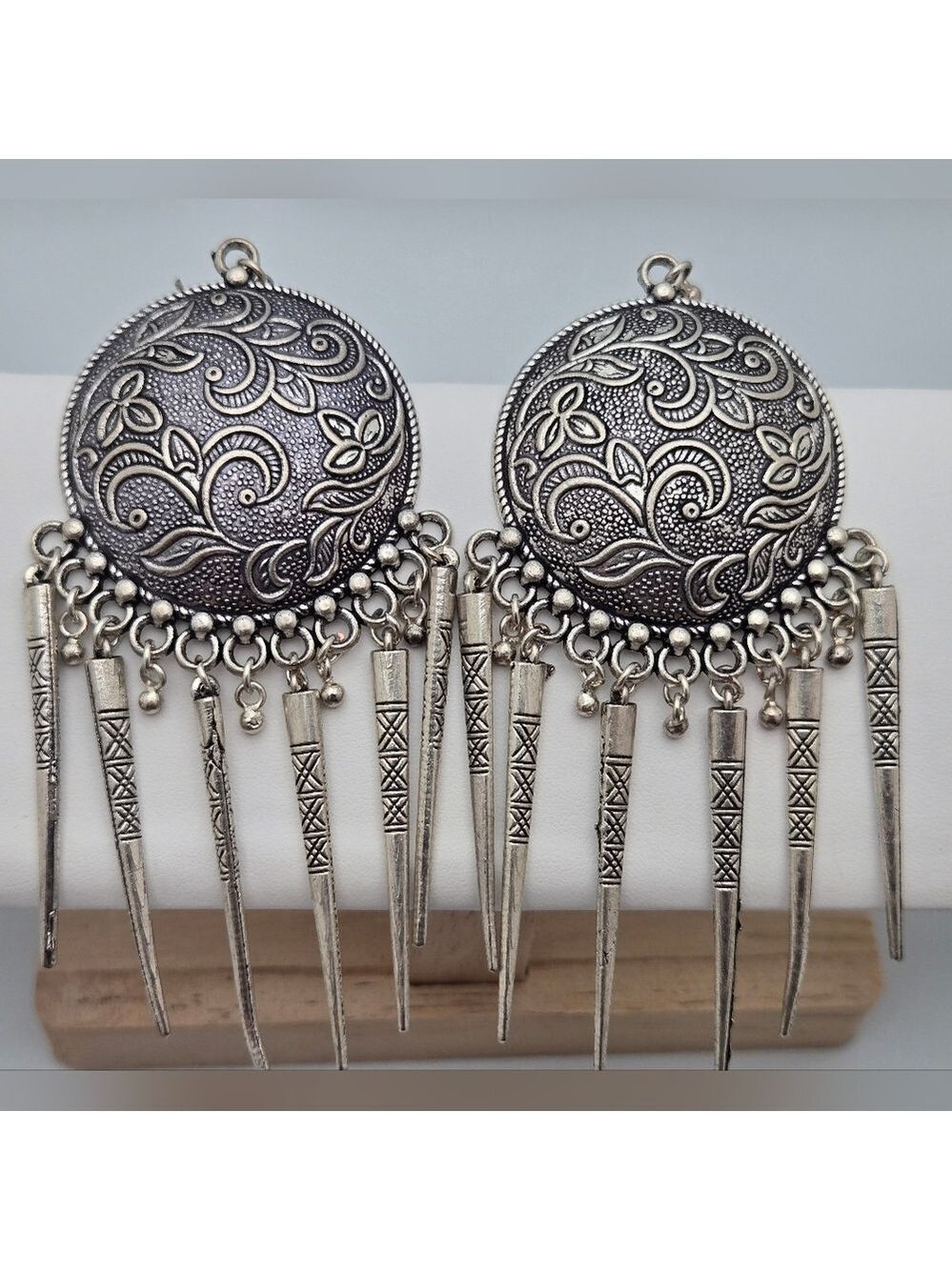 Large Oxidized Silver Ethnic Drop Earrings Engraved Spike Dangles Bold Statement
